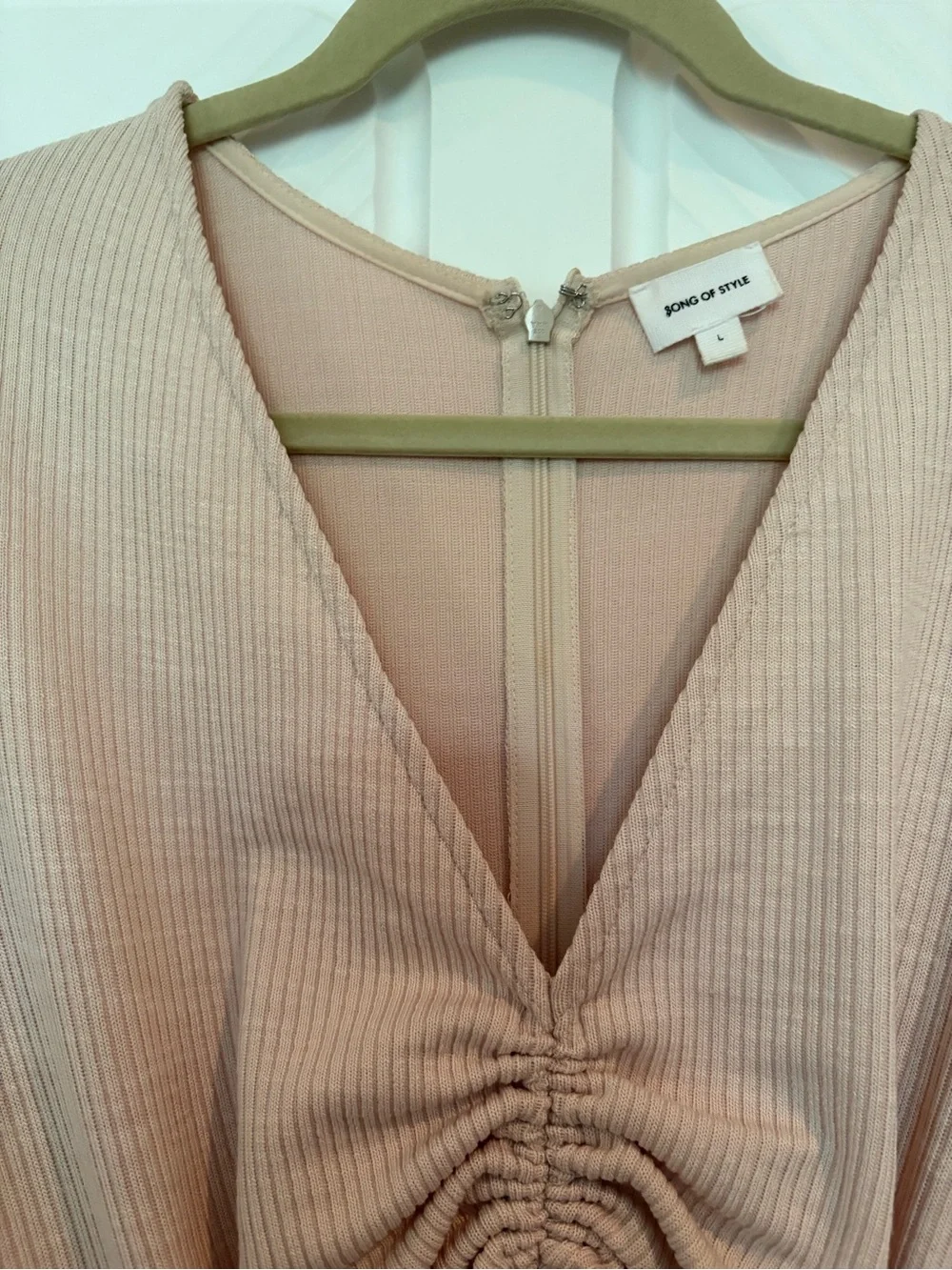 NWOT Neutral Ruched Drawstring Midi Dress - Picture 5 of 5